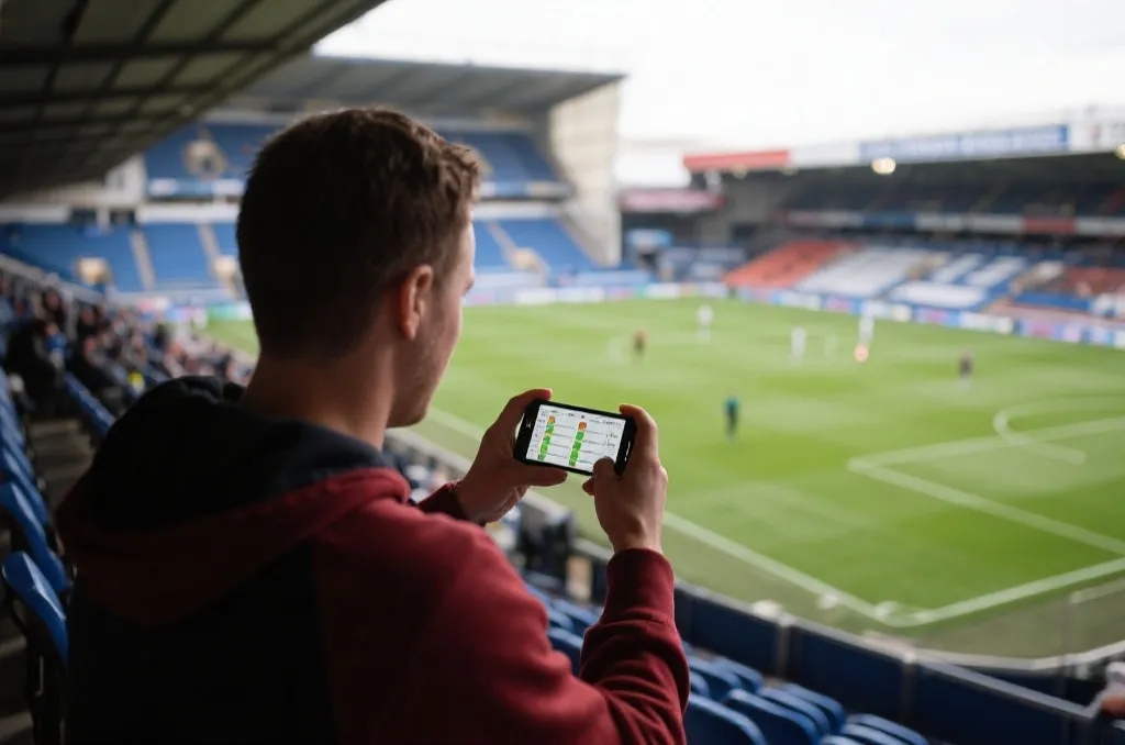 Sports fan analyzing live match data on a smartphone screen inside a stadium stand