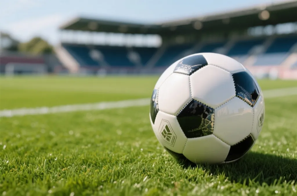 Close up of a premium soccer ball on a lush green grass field with blurred stadium background