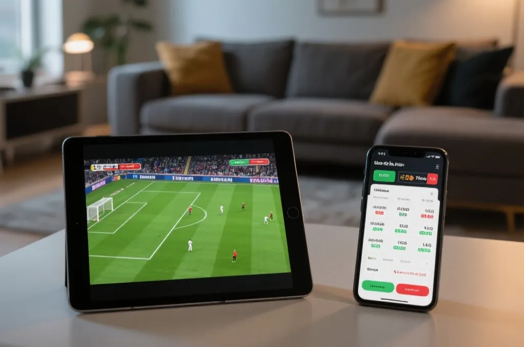 A split screen showing a live football match on a tablet and a real-time sports betting app with odds on a smartphone