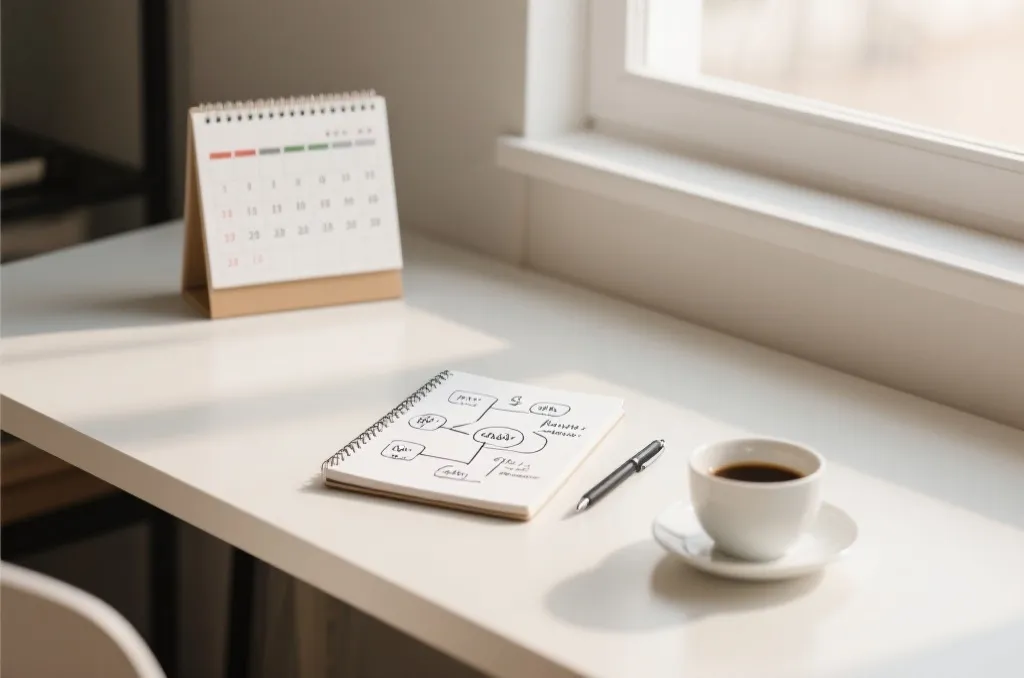 Minimalist workspace with planning notebook and pen under soft light