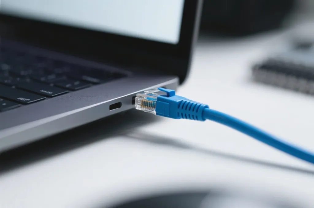 Close-up of a blue ethernet cable being plugged into a sleek modern laptop, shallow depth of field, professional tech workspace