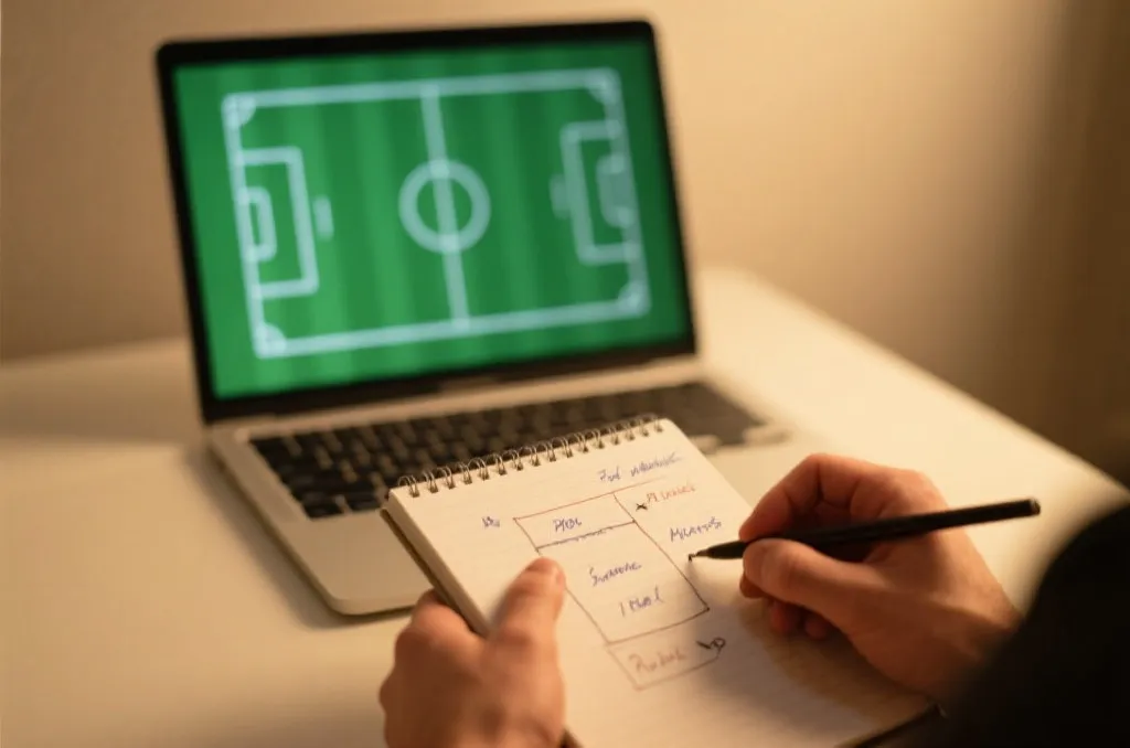 A soccer tactical planning session with notes and statistics on a wooden table
